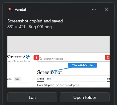 The notification after a capture: copied and saved as Bug 001.png, with Edit and Open folder