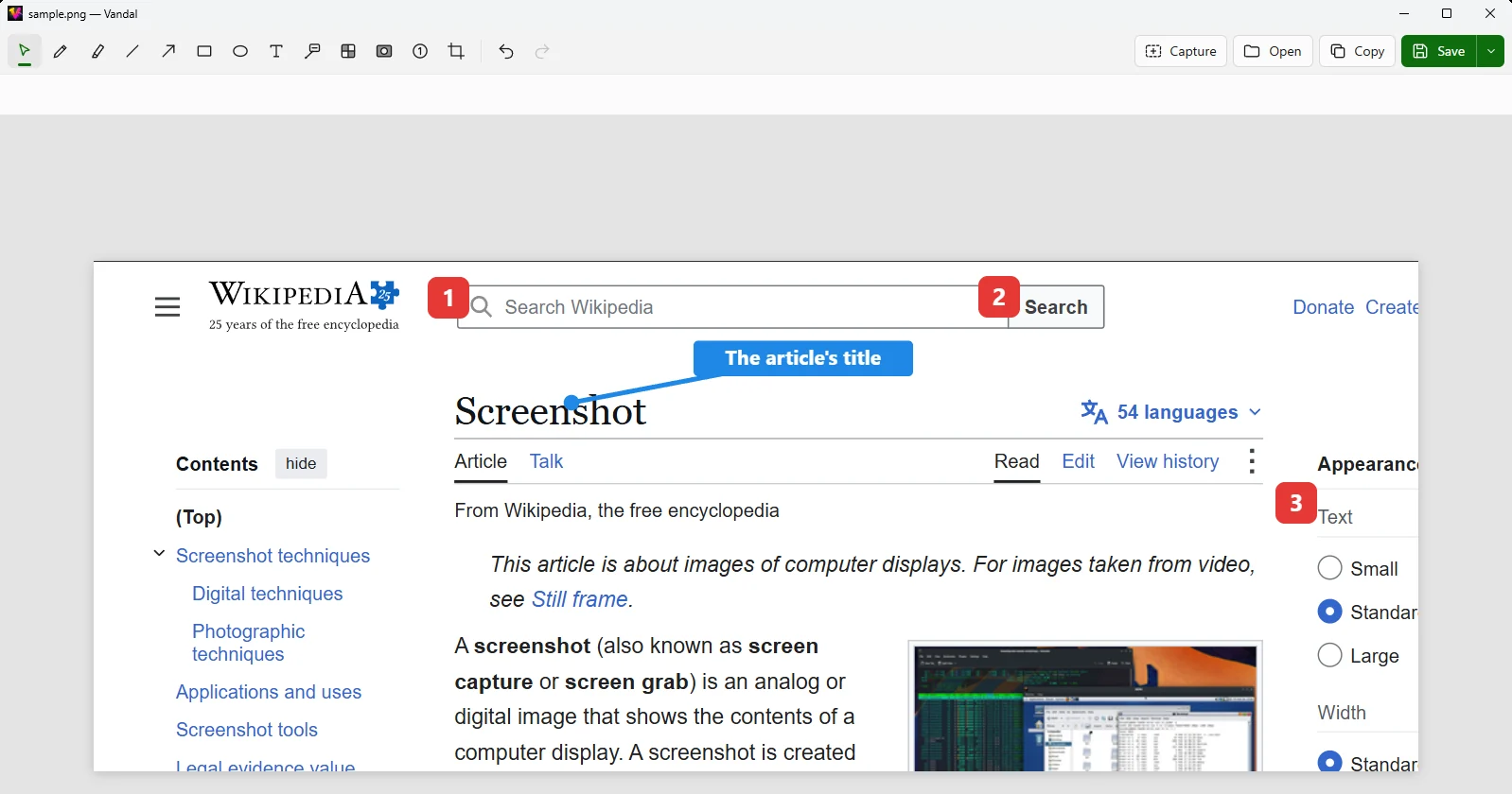 The editor with a cropped screenshot, numbered step markers and a callout