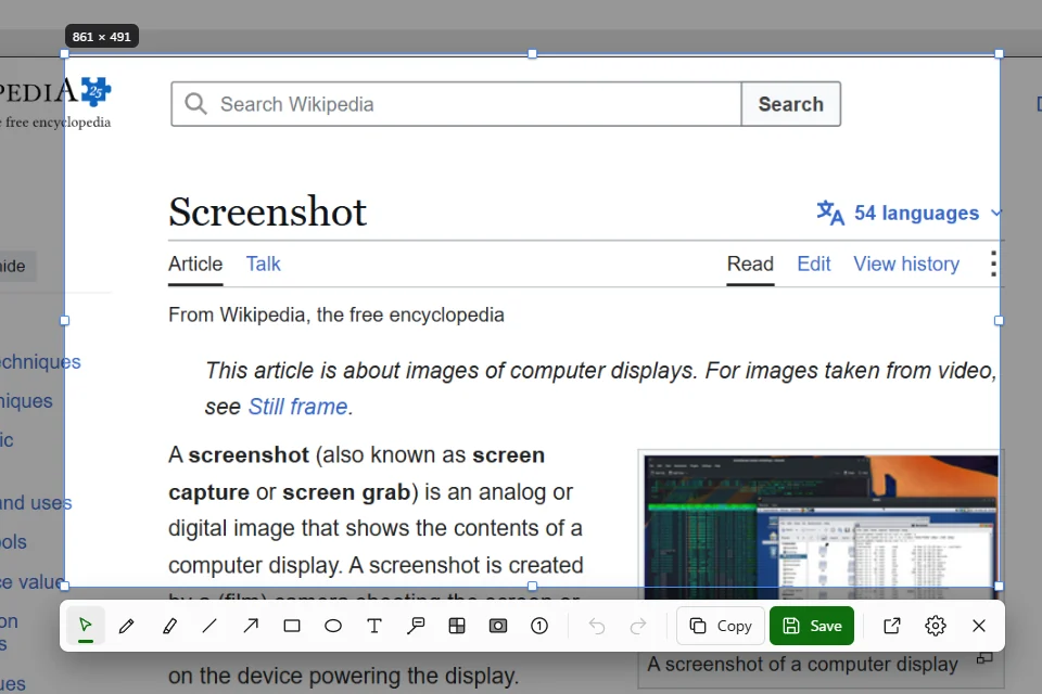 The selection, its size label and the quick edit toolbar under it