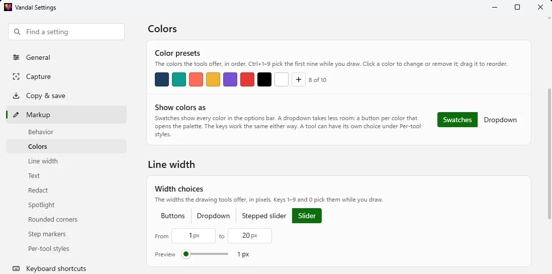 Settings › Markup › Colors, with the color presets