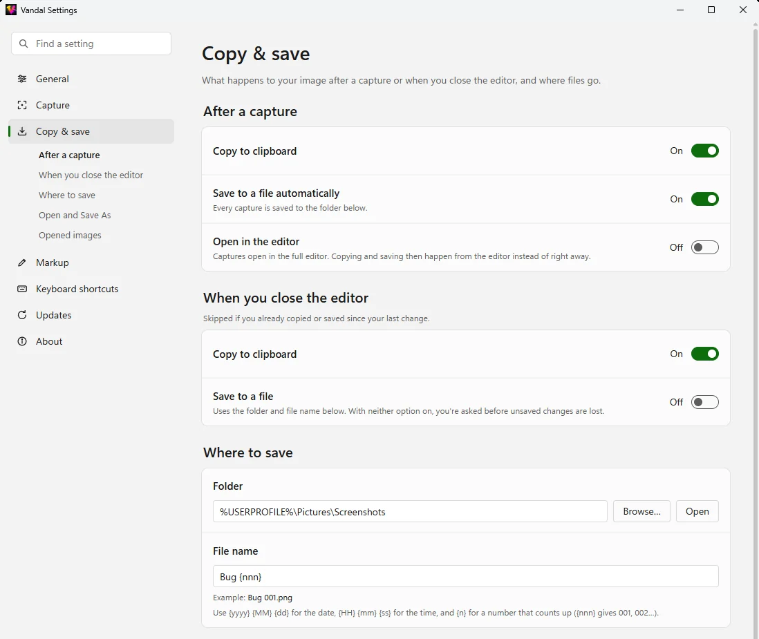 Settings › Copy & save, with saving turned on and a file name pattern