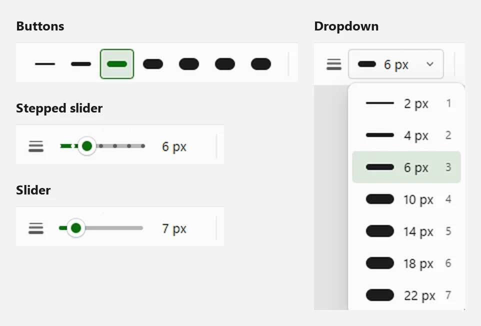 The width control as buttons, a dropdown, a stepped slider and a slider