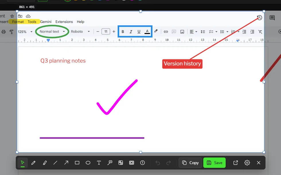 Quick edit over a frozen screen: a selected area of a document marked up with a callout, arrows, an ellipse, a box and highlights, with the quick edit toolbar under it