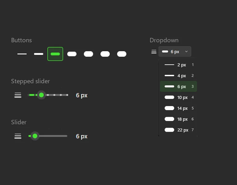 The line width control shown as buttons, a stepped slider, a slider and a dropdown