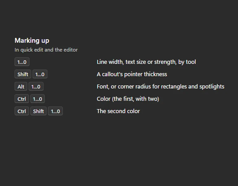 Vandal’s style shortcuts: 1–0 for line width or text size, Shift+1–0 for pointer thickness, Alt+1–0 for font or corner radius, Ctrl+1–0 and Ctrl+Shift+1–0 for the two colors