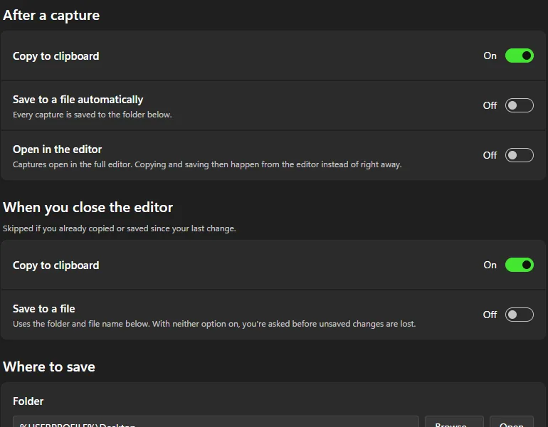 Vandal’s Copy & save settings: after a capture, when you close the editor, where to save